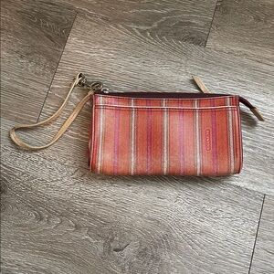 Coach Legacy Ticking  Zip  Wristlet   #49316 wallet stripe pink and orange
